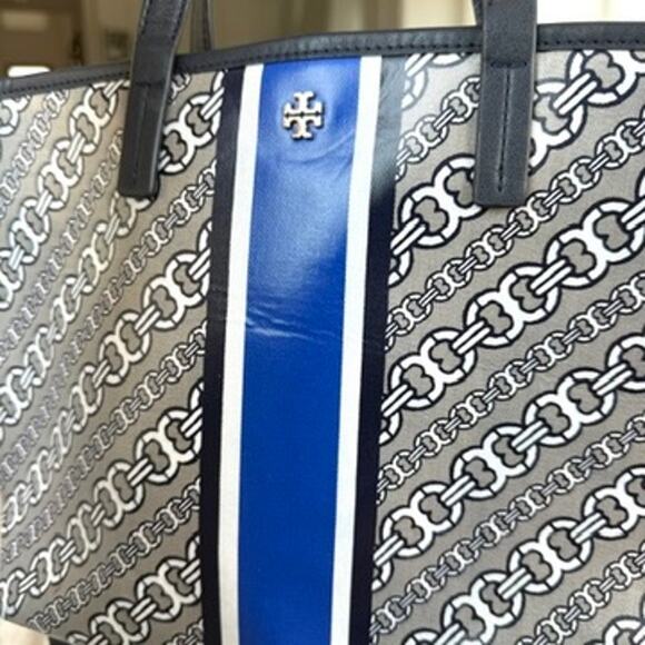 TORY BURCH Gemini Link Canvas Satchel Tote Navy Stripe Crossbody Bag - Picture 2 of 6